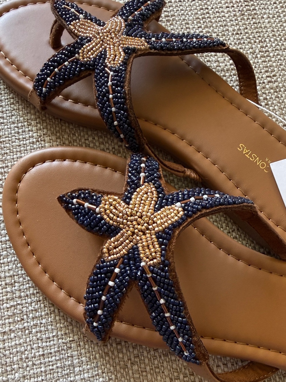 Caroline Constas Navy & Tan Starfish Beaded Flip Flop Beach Sandals - Picture 5 of 16